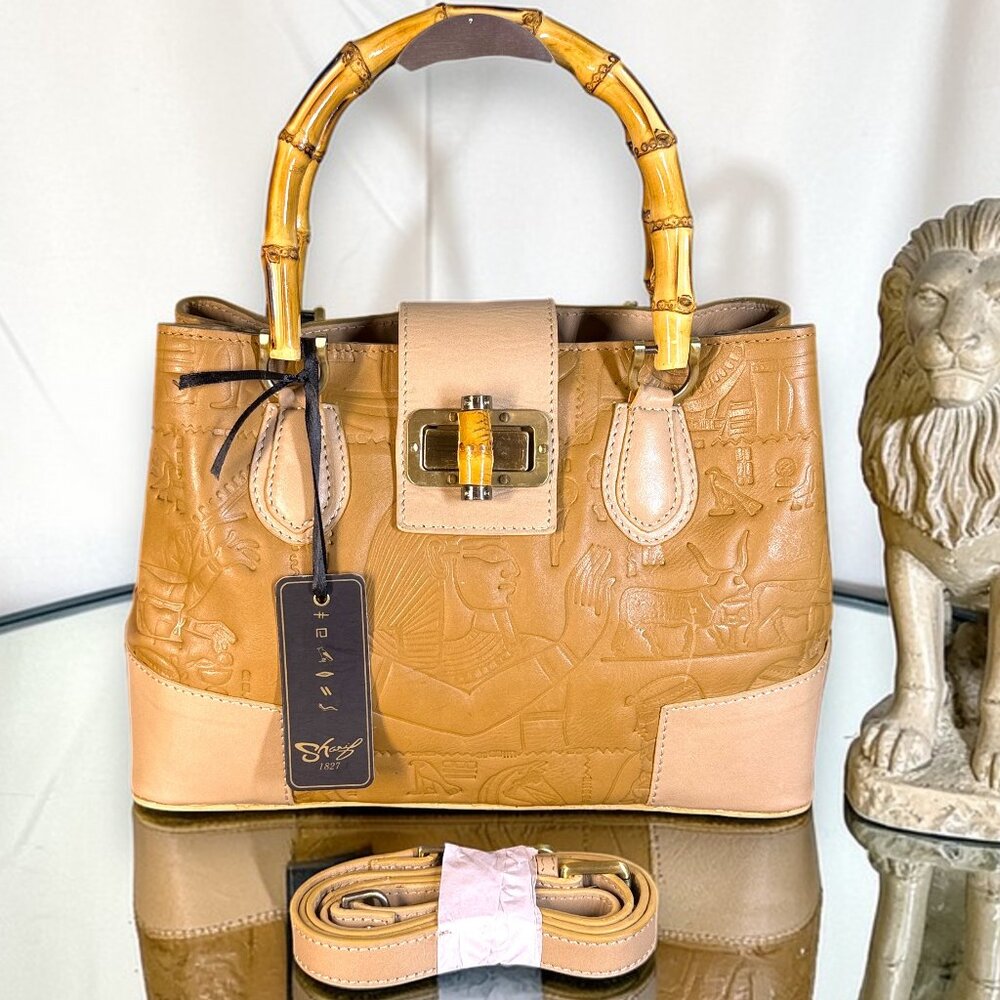 Sharif Legacy Hieroglyphic Egyptian Leather Satchel with Bamboo Handles - New